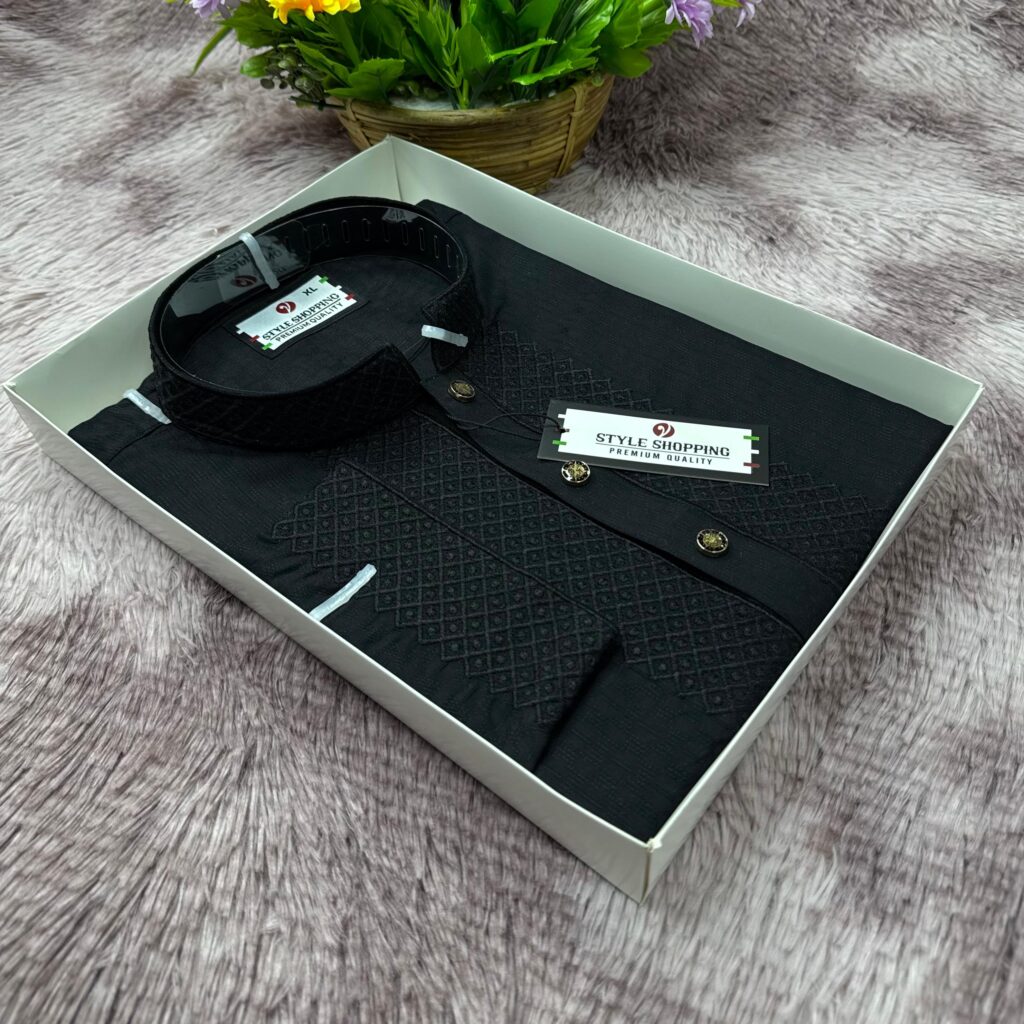 Premium Black Embroidery Punjabi for Eid Collection 2026 by Raha BD - Soft Cotton Fabric.